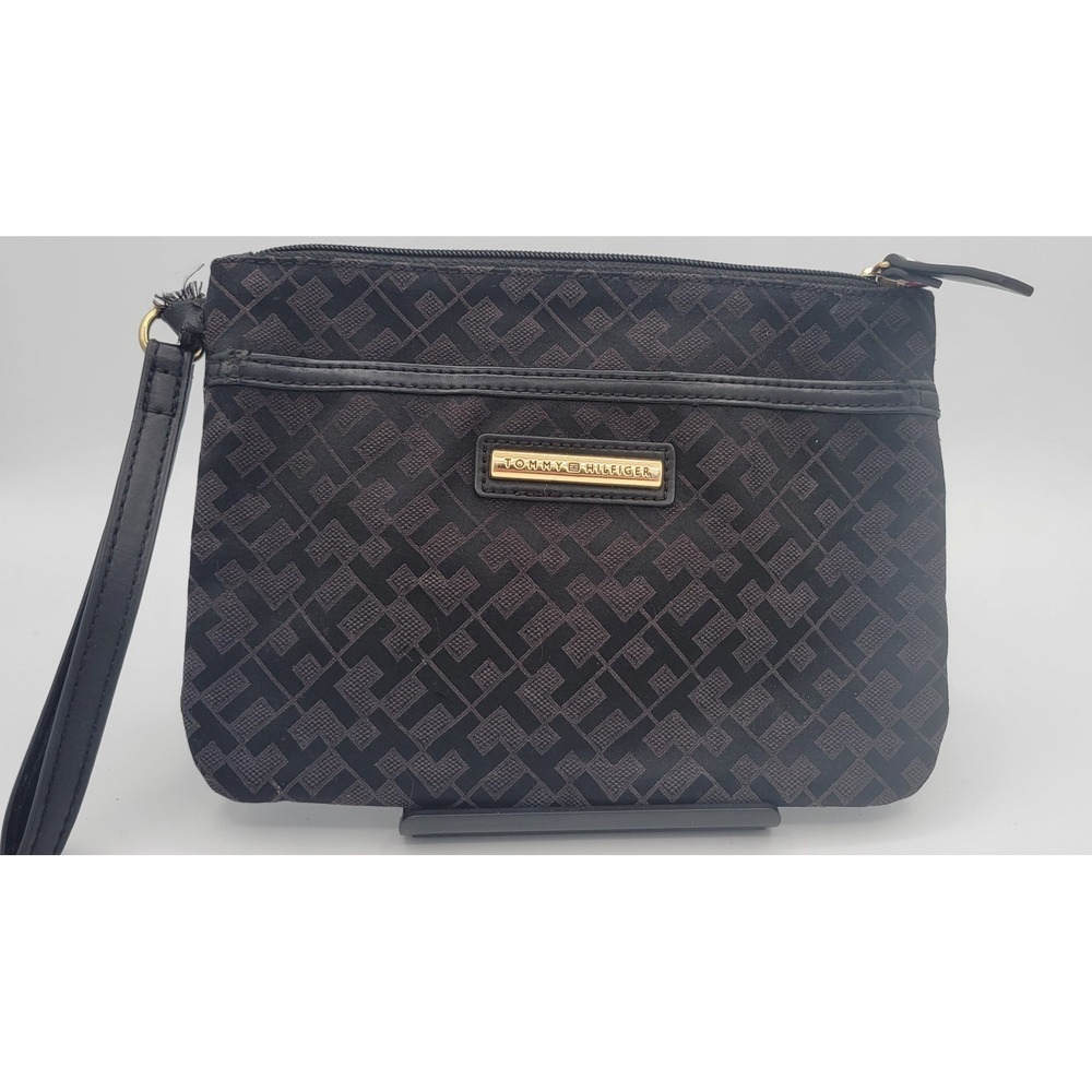 Tommy Hilfiger Women Black Logo Printed Large Wristlet Wallet Clutch Bag USA